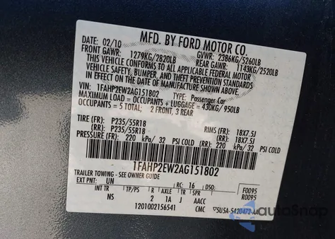 2010 Ford Taurus Sel from USA, damaged, VIN 1FAHP2EW2AG151802
